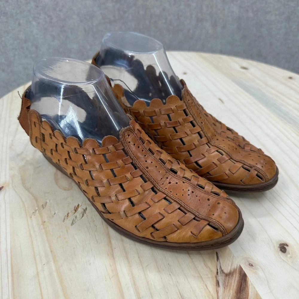 Rieker Woven Leather Slingback Sandals Shoes 7.5 Brown Antistress Scalloped Boho